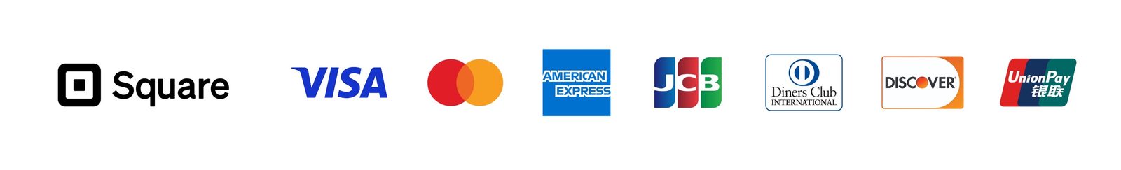 利用可能な決済方法（Square, VISA, Mastercard, American Express, JCB, Diners Club, Discover, UnionPay）
